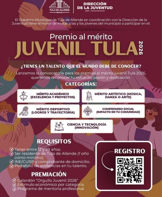 El gobierno municipal de Tula invita a participar en la convocatoria al Premio al Mérito Juvenil