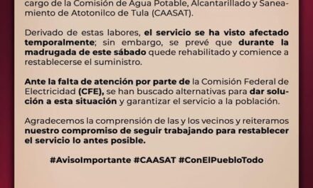 Gobierno de Atotonilco de Tula emite el siguiente comunicado: