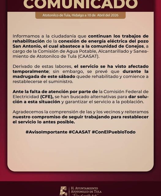 Gobierno de Atotonilco de Tula emite el siguiente comunicado:
