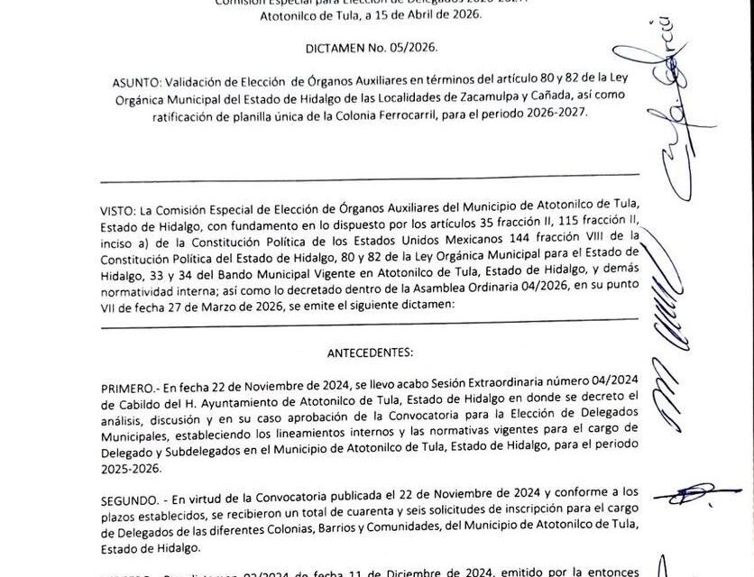 Dictamen emitido por la Comisión Especial para Delegados de Atotonilco de Tula