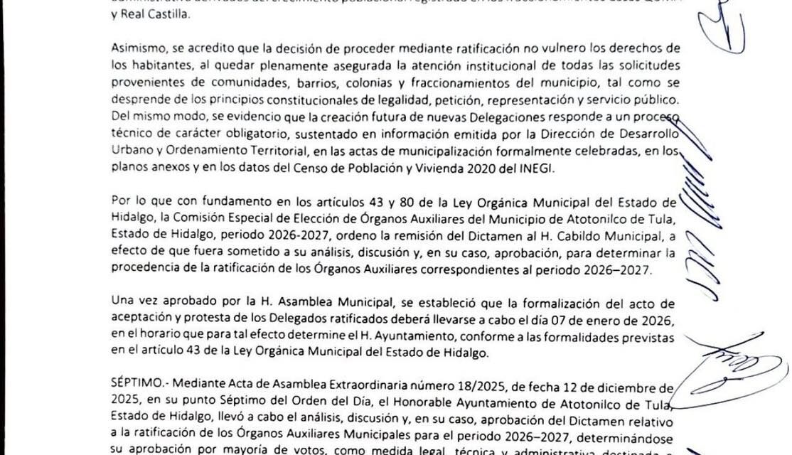 Dictamen emitido por la Comisión Especial para Delegados de Atotonilco de Tula