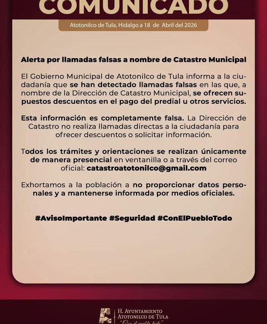Alertan por llamadas falsas de Catastro en Atotonilco de Tula