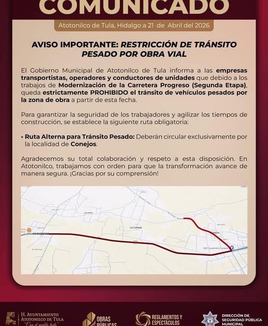 Prohíben paso de vehpiculos de carga por obra vial en Atotonilco de Tula