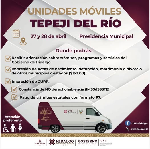 Las Unidades Móviles de Servicios Estatales estarán dando servicio en Tepeji del Río