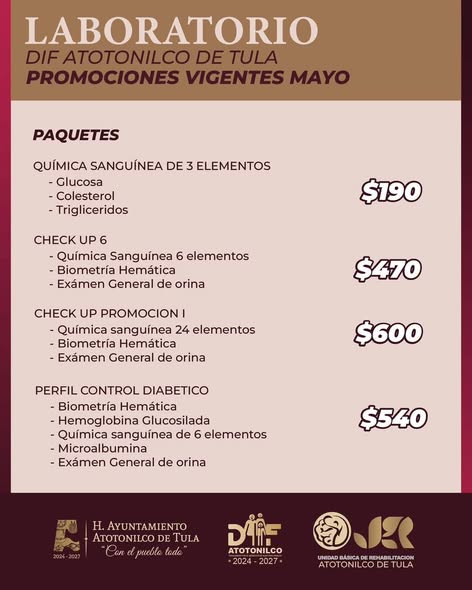Conoce las Promociones de Laboratorio vigentes durante el mes de mayo en la UBR de Atotonilco de Tula