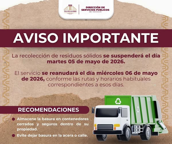 Este martes 5 de mayo se suspenderá la recolección de residuos sólidos en Tula de Allende