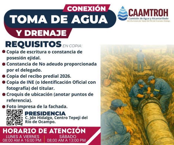 Conoce los requisitos para tramitar una conexión de toma de agua y drenaje en la Comisión de Agua Tepeji