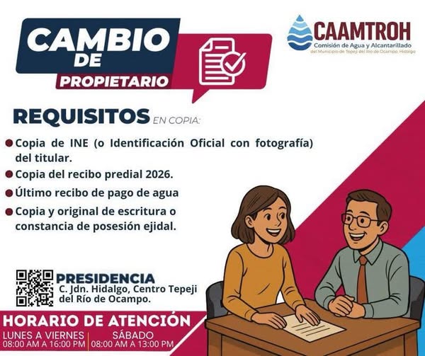 La Comisión de Agua Tepeji te comparte los requisitos para tramitar el cambio de propietario.