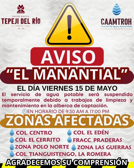 Suspenderán servicio de agua potable por trabajos de mantenimiento en Tepeji del Río