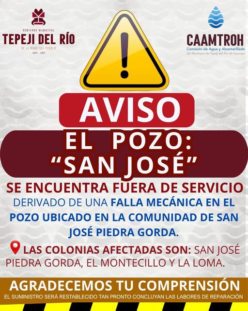 Suspenden servicio de agua potable por falla mecánica en el pozo San José