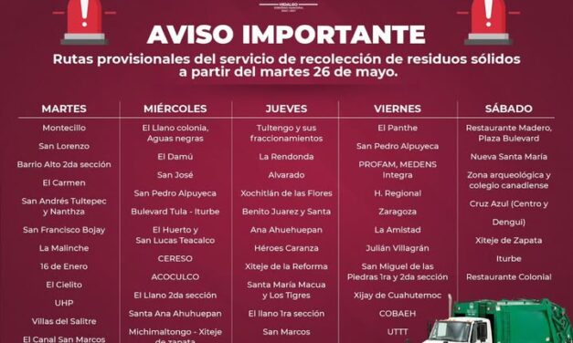 Conoce las rutas provisionales de recolección de residuos sólidos en Tula de Allende