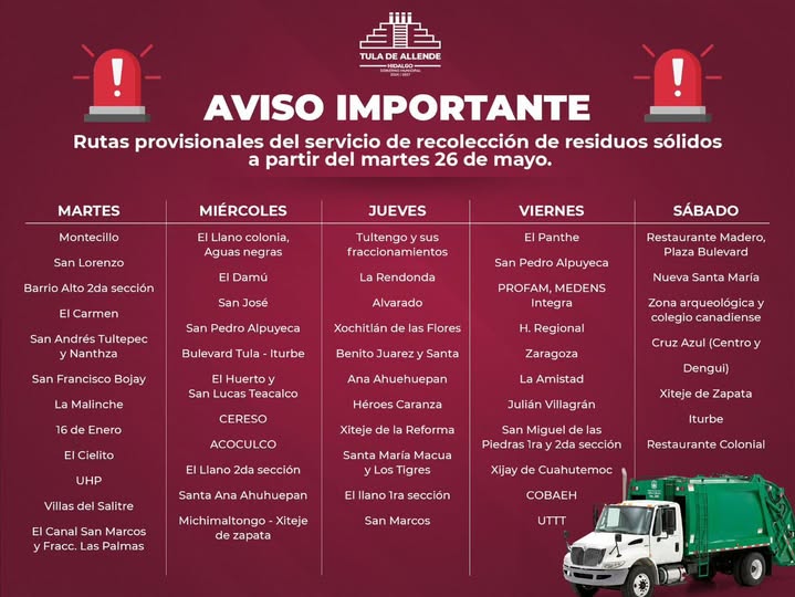 Conoce las rutas provisionales de recolección de residuos sólidos en Tula de Allende