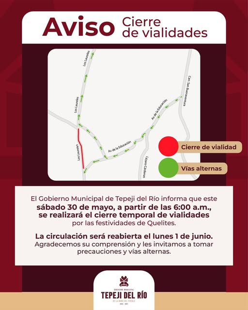 Habrá cierre de circulación por feria patronal en comunidad de Santa María Quelites
