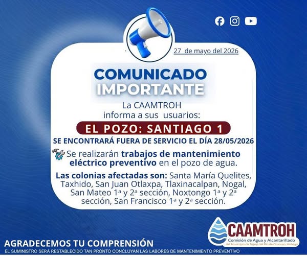 Suspenderán servicio de agua potable en Tepeji del Río por trabajos de mantenimiento