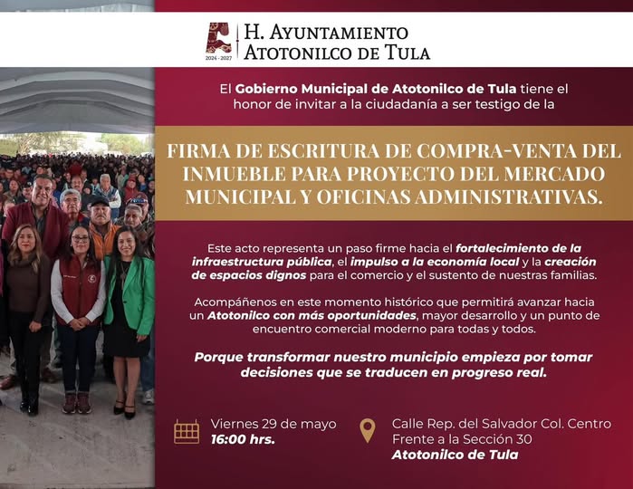 Firmarán escritura de compra venta del inmueble para proyecto del mercado municipal de Atotonilco de Tula