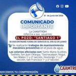 Realizarán trabajos de mantenimiento mecánico preventivo en el Pozo «Santiago 1»