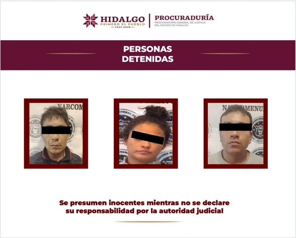 Detiene la PGJEH a tres personas con presunta posesión de narcóticos, arma de fuego y un vehículo con reporte de robo