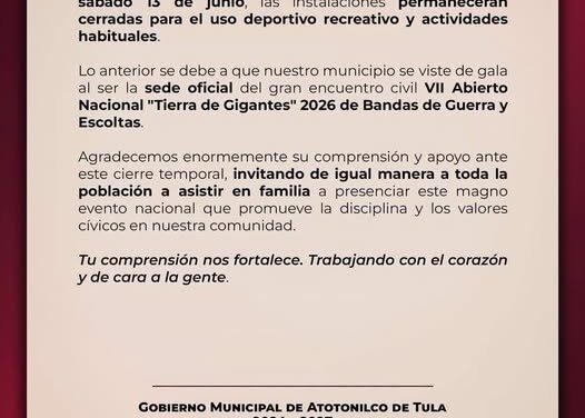 El gobierno municipal de Atotonilco de Tula emite el siguiente comunicado: