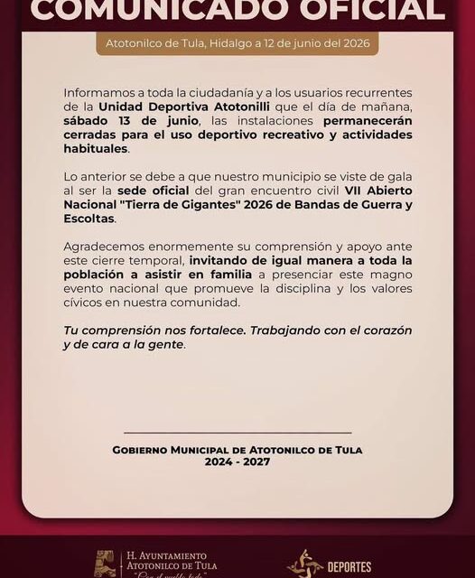 El gobierno municipal de Atotonilco de Tula emite el siguiente comunicado: