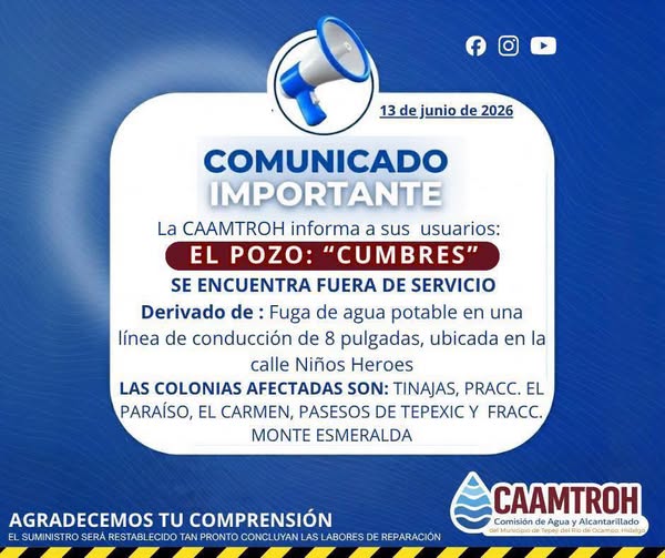 La Comisión de Agua Tepeji emite el siguiente aviso: