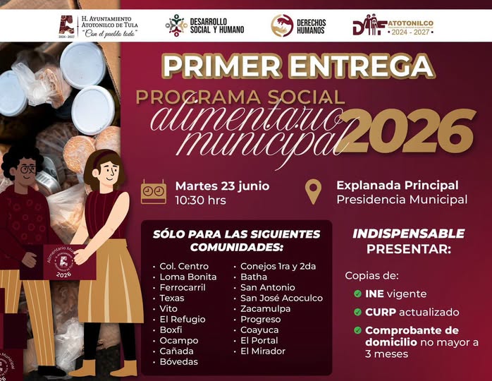 Se llevará a cabo la 𝗣𝗿𝗶𝗺𝗲𝗿 𝗘𝗻𝘁𝗿𝗲𝗴𝗮 𝗱𝗲𝗹 𝗣𝗿𝗼𝗴𝗿𝗮𝗺𝗮 𝗦𝗼𝗰𝗶𝗮𝗹 𝗔𝗹𝗶𝗺𝗲𝗻𝘁𝗮𝗿𝗶𝗼 𝗠𝘂𝗻𝗶𝗰𝗶𝗽𝗮𝗹 𝟮𝟬𝟮𝟲