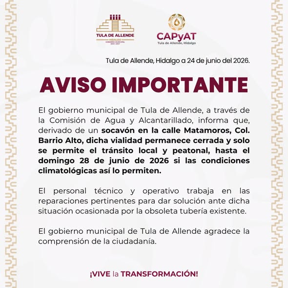 Aviso a la población de Tula de Allende