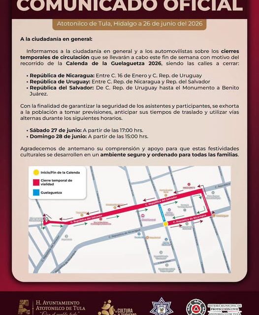 Anuncian cierre de vialidades en Atotonilco de Tula