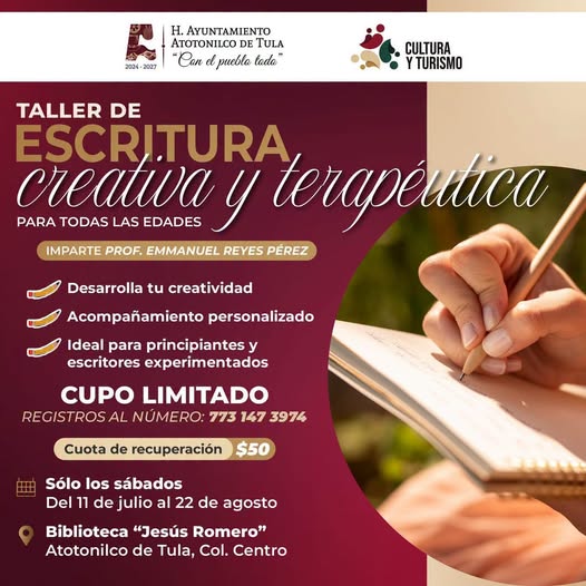 𝗜𝗻𝘀𝗰𝗿𝗶́𝗯𝗲𝘁𝗲 𝗮𝗹 𝗧𝗮𝗹𝗹𝗲𝗿 𝗱𝗲 𝗘𝘀𝗰𝗿𝗶𝘁𝘂𝗿𝗮 𝗖𝗿𝗲𝗮𝘁𝗶𝘃𝗮 𝘆 𝗧𝗲𝗿𝗮𝗽𝗲́𝘂𝘁𝗶𝗰𝗮