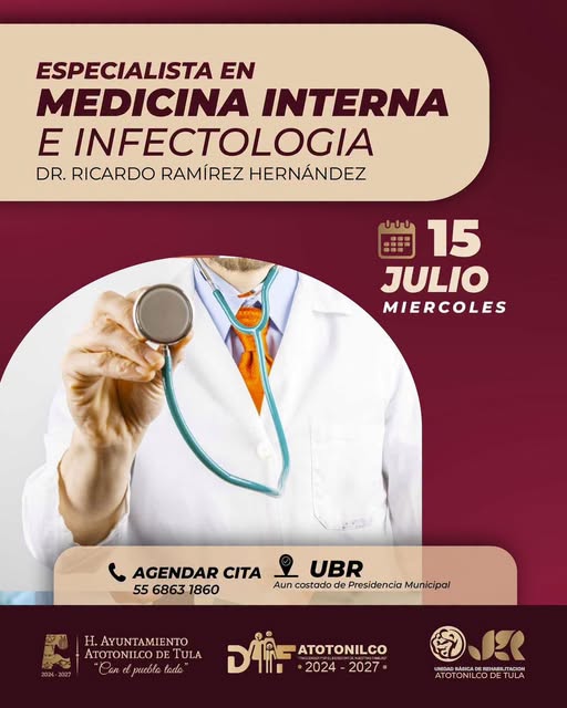 Habrá consulta con especialista en Medicina Interna e Infectología en Atotonilco de Tula