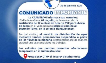 La Comisión de Agua de Tepeji del Río emite el siguiente comunicado: