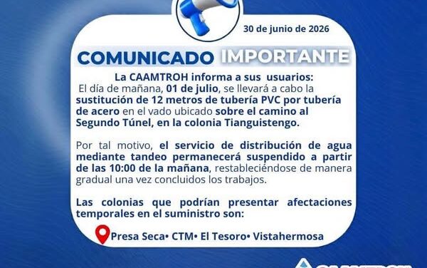 La Comisión de Agua de Tepeji del Río emite el siguiente comunicado: