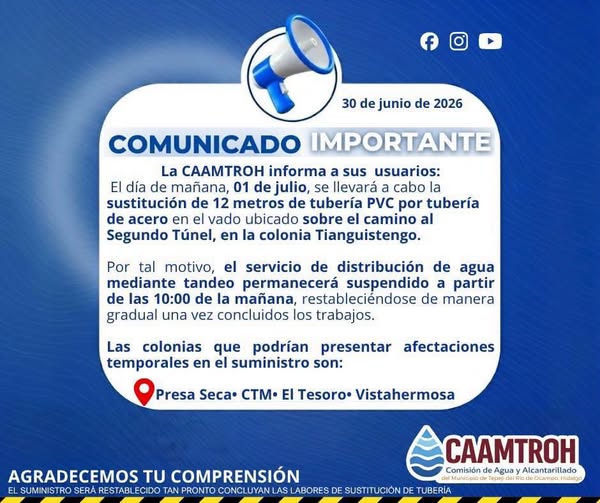 La Comisión de Agua de Tepeji del Río emite el siguiente comunicado:
