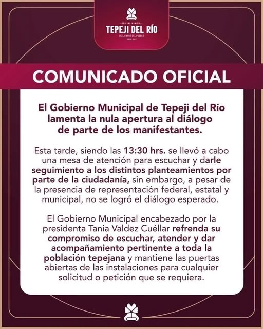 Respecto a las manifestaciones, el gobierno de Tepeji del Río emite le siguiente comunicado