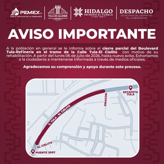 Habrá cierre parcial de circulación por trabajos de rehabilitación en Tula de Allende