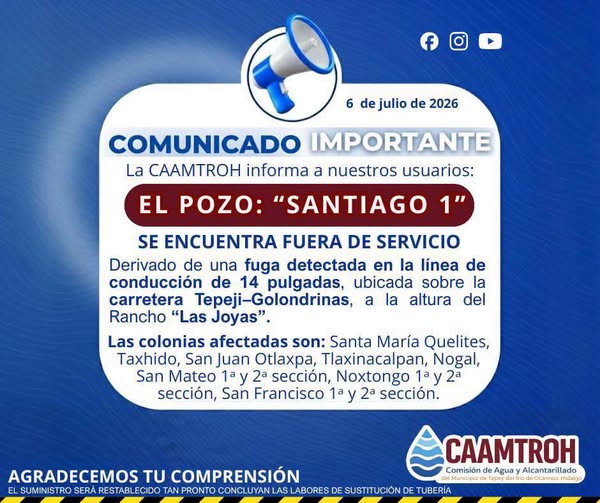 CAAMTROH atiende fuga de agua; suspenden servicio en varias comunidades