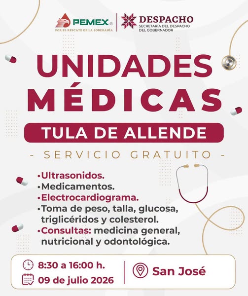 Recuerda que la Unidad Médica de Pemex, estará dando servicio este jueves en la colonia San José