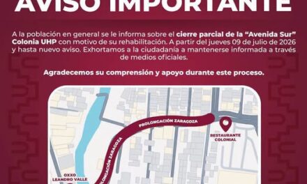 Anuncian cierre parcial de circulación en la Avenidan Sur por tranajos de rehabilitación