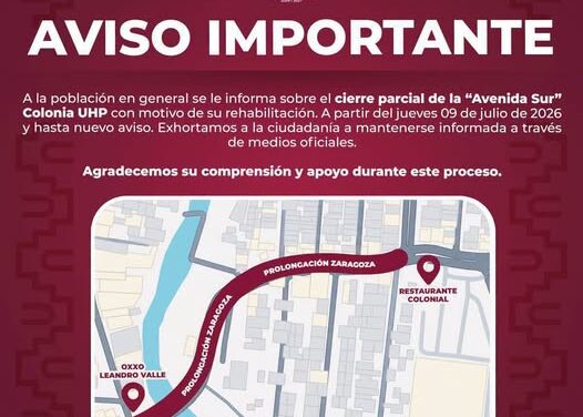 Anuncian cierre parcial de circulación en la Avenidan Sur por tranajos de rehabilitación