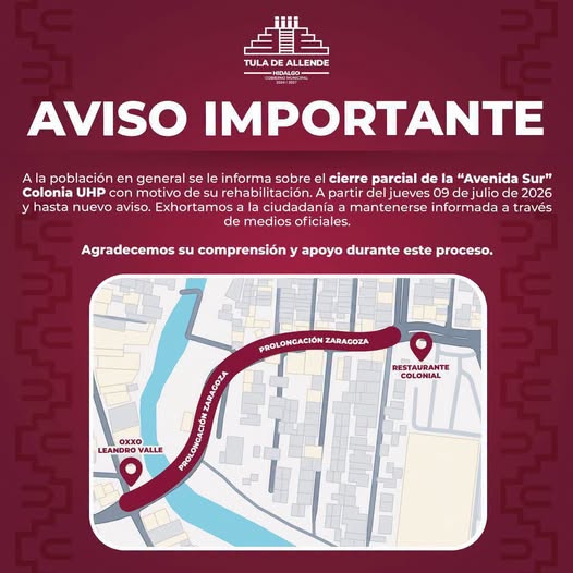 Anuncian cierre parcial de circulación en la Avenidan Sur por tranajos de rehabilitación