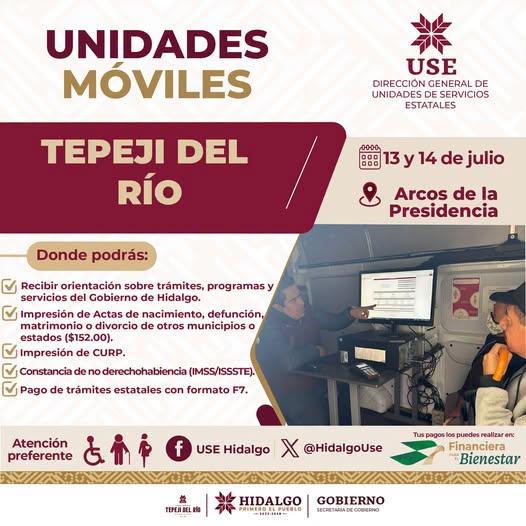 Recuerda que hoy y mañana estará instalada la Unidad Móvil de Servicios Estatales en Tepeji del Río