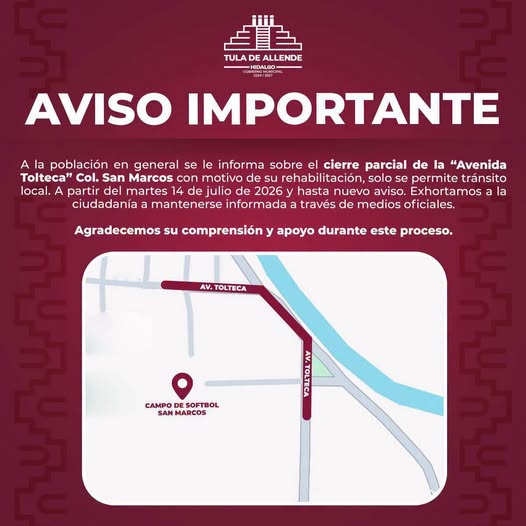 Anuncian cierre de circulación en Tula de Allende por trabajos de rehabilitación