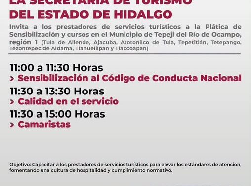 Invitan a prestadores turísticos de Tepeji del Río a participar en jornada de capacitación