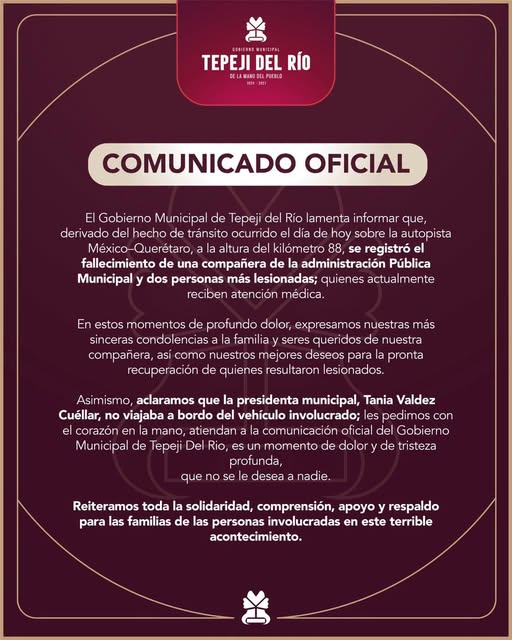 Gobierno de Tepeji del Río emite información oficial tras accidente que cobró la vida de una trabajadora municipal
