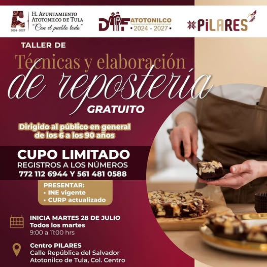 Invitan a taller gratuito de técnicas y elaboración de repostería en Atotonilco de Tula