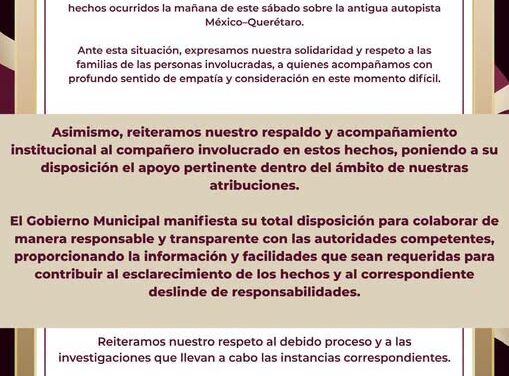 El gobierno municipal de Tepeji del Río emite el siguiente comunicado: