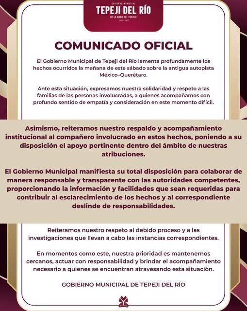 El gobierno municipal de Tepeji del Río emite el siguiente comunicado: