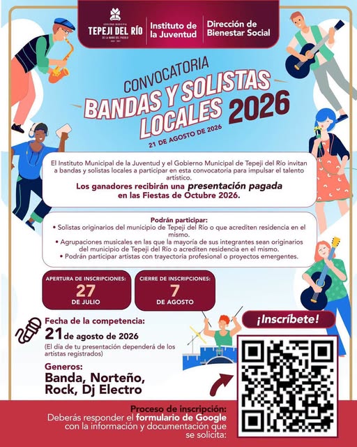 Gobierno de Tepeji del Río lanza convocatoria para bandas y solistas; ganadores se presentarán en las Fiestas de Octubre