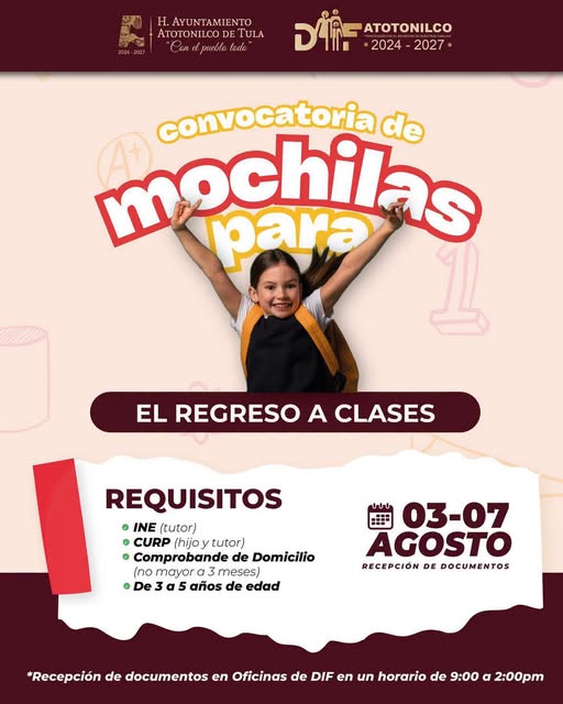 Abren convocatoria «Mochila para todos» en Atotonilco de Tula