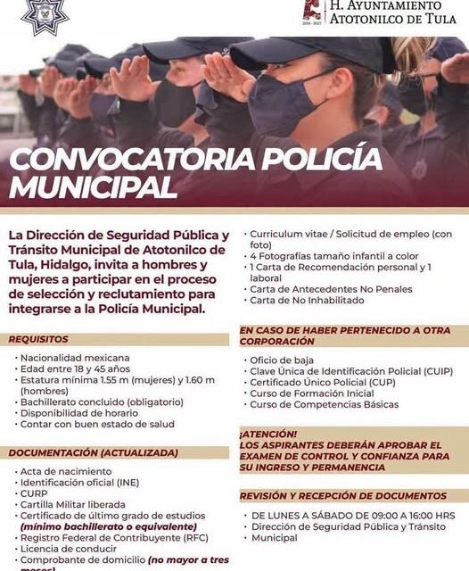 Unete a la policía municipal de Atotonilco de Tula