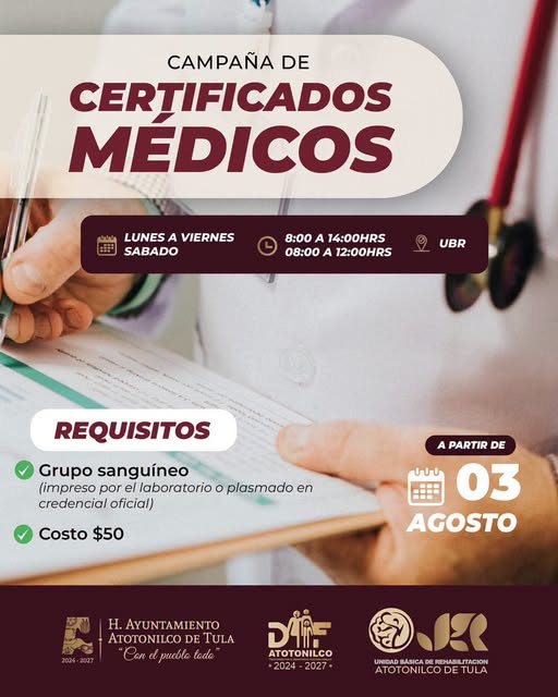 𝗬𝗮 𝗲𝘀𝘁𝗮́ 𝗱𝗶𝘀𝗽𝗼𝗻𝗶𝗯𝗹𝗲 𝗹𝗮 𝗖𝗮𝗺𝗽𝗮𝗻̃𝗮 𝗱𝗲 𝗖𝗲𝗿𝘁𝗶𝗳𝗶𝗰𝗮𝗱𝗼𝘀 𝗠𝗲́𝗱𝗶𝗰𝗼𝘀 𝗲𝗻 𝗹𝗮 𝗨𝗕𝗥 de Atotonilco de Tula